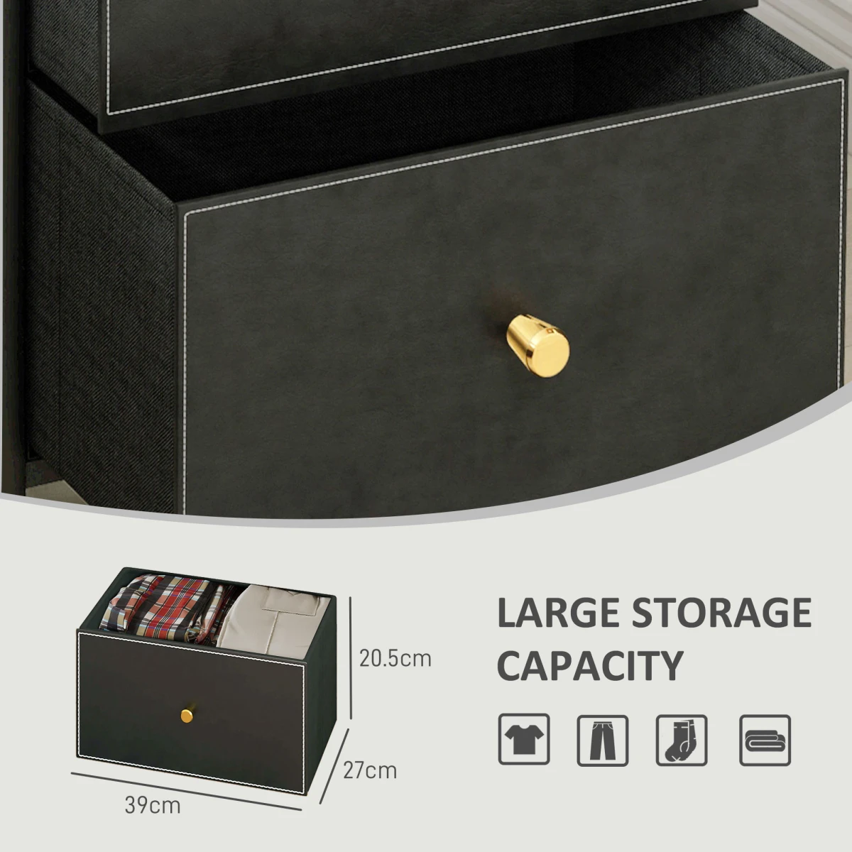 HOMCOM HOMCOM Three-Drawer Chest Faux Leather Fronts Gold Accents For Bedroom And Living Room - Chest of Drawers