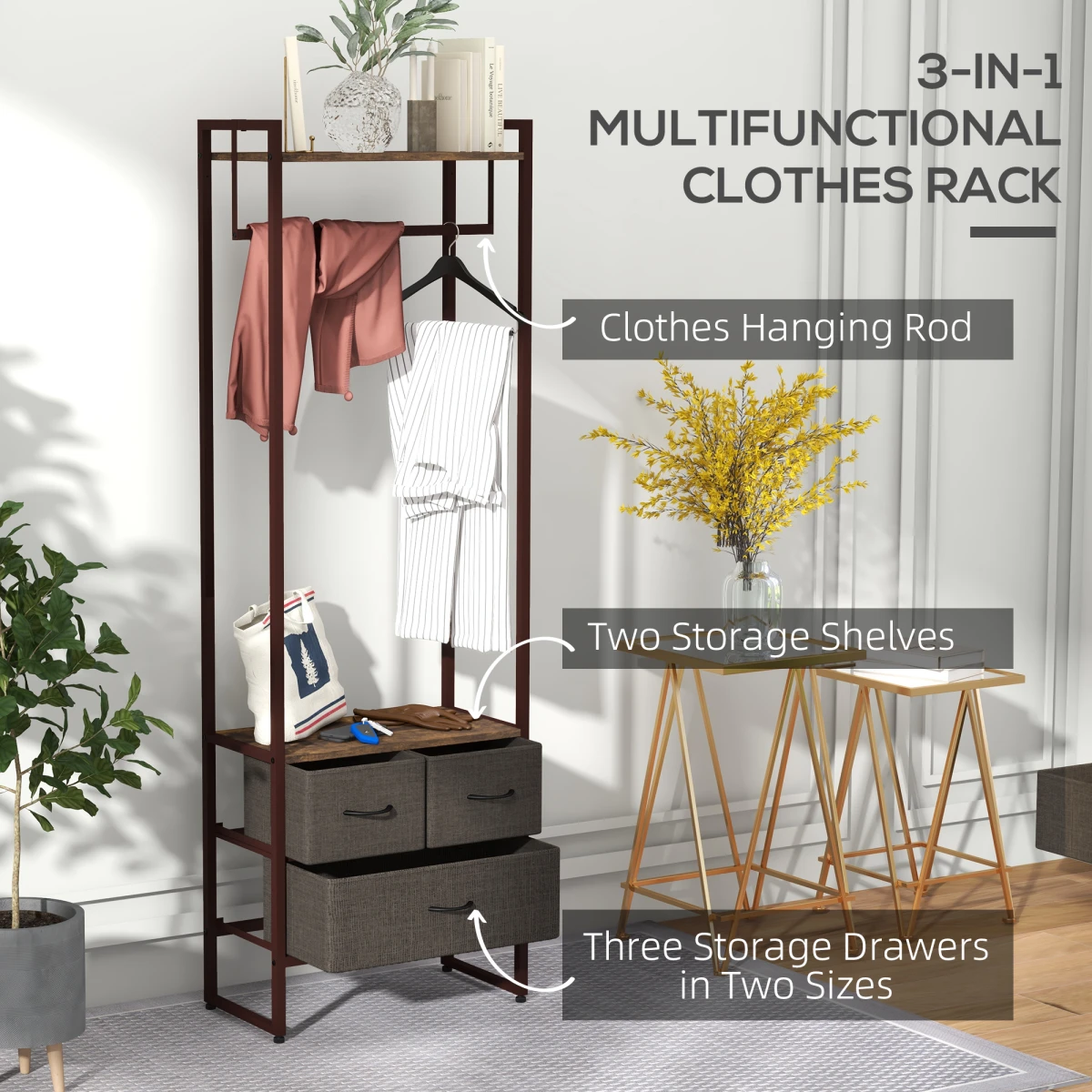 HOMCOM HOMCOM Clothes Hanging Rail 59cm 3 Fabric Drawers Hallway - Wardrobe