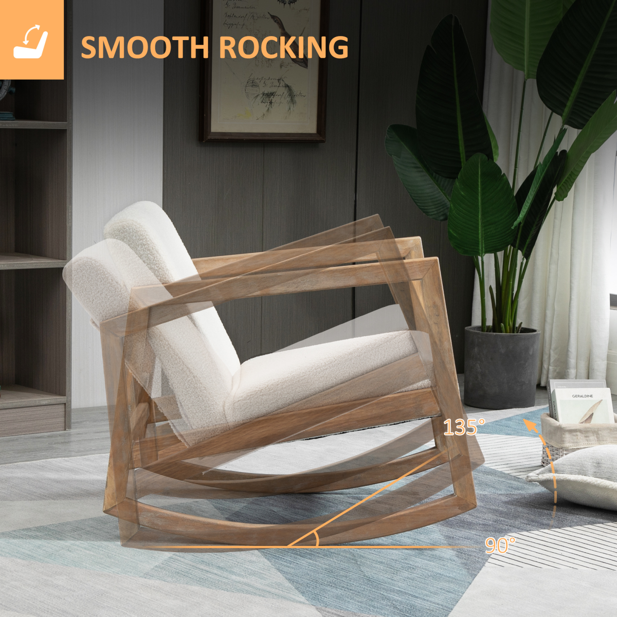 HOMCOM Rocking Chair Upholstered Armchair Cream Wood Frame with Plush Teddy Fleece Cushion for Living Room