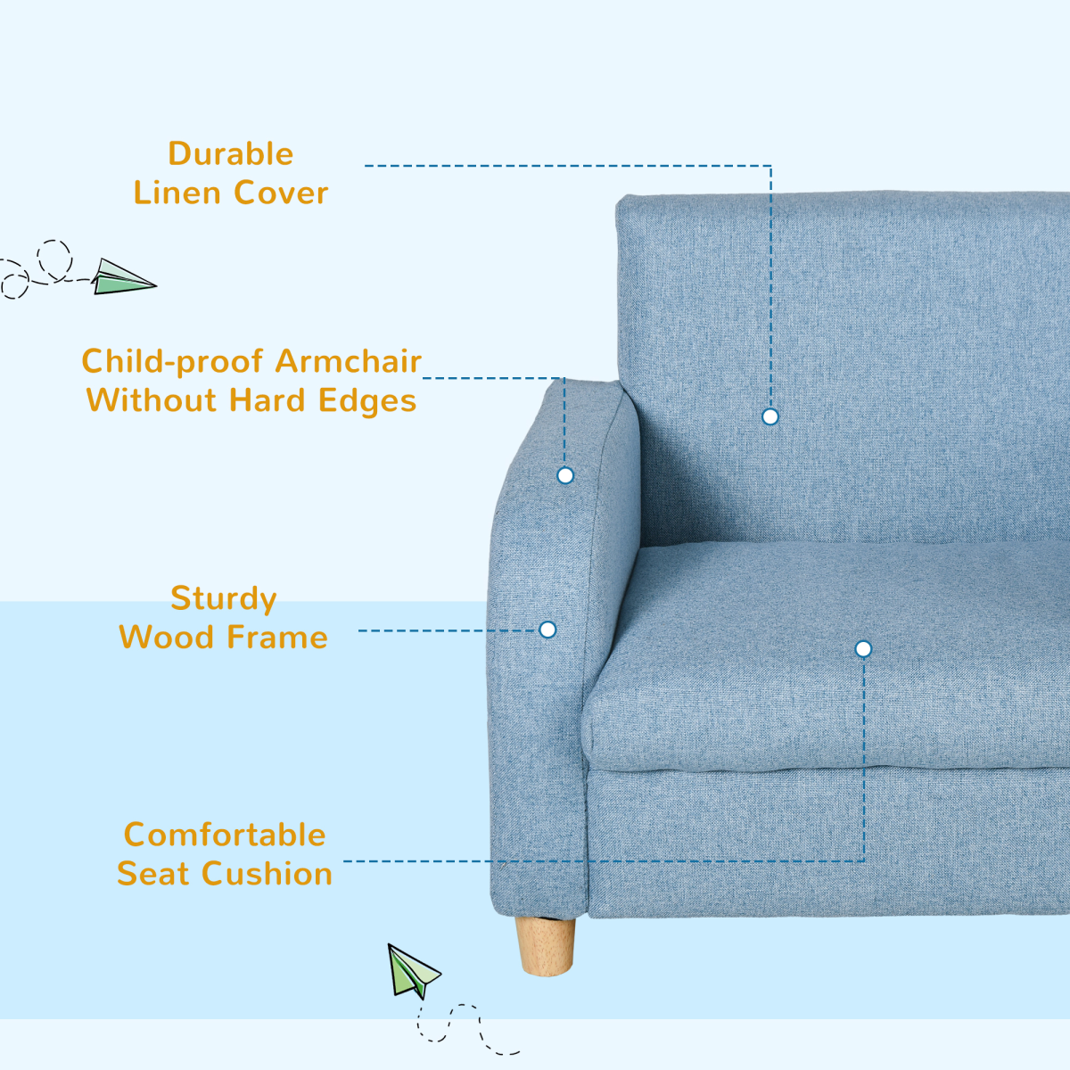 Kids armchair with blue fabric, cushioned back and seat, durable linen cover, child-proof edges, sturdy wood frame.