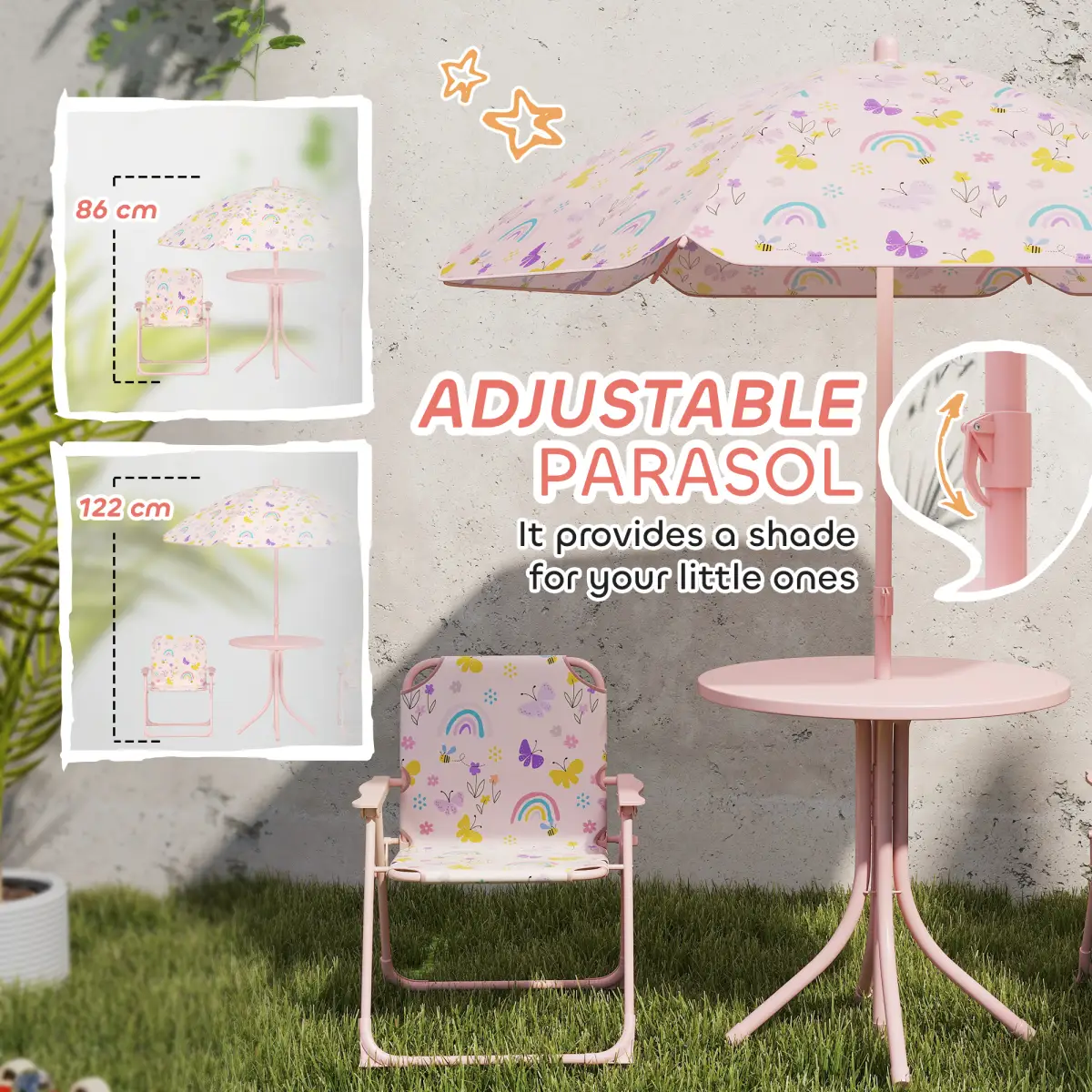 AIYAPLAY AIYAPLAY Kids Garden Table and Chair Set, Outdoor Patio Set w/ Parasol, Pink - Picnic Tables