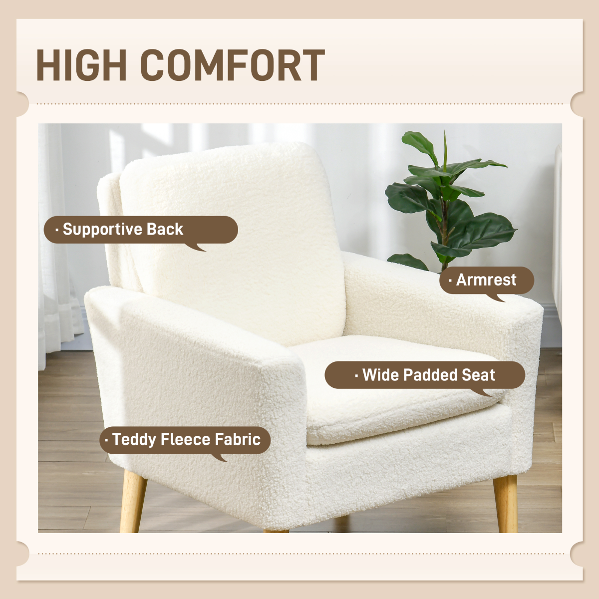 HOMCOM Teddy Armchair Cream Wide Seat With Wood Legs Home plush teddy fleece, padded seat, supportive back, armrests.