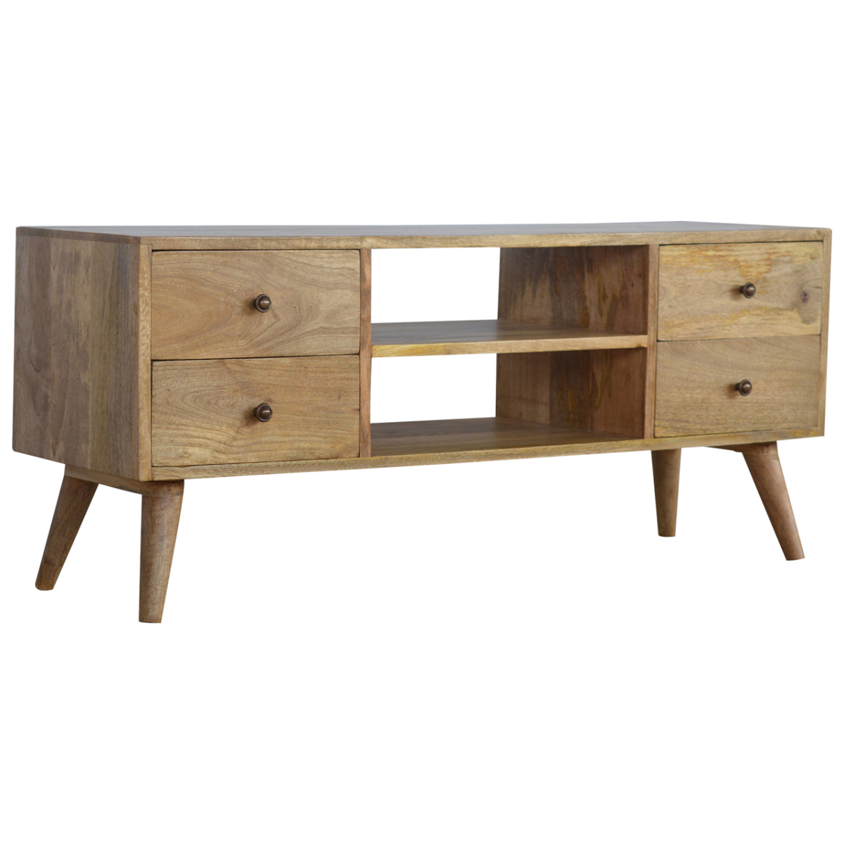 Artisan solid wood Nordic TV console with four drawers and open center shelves, natural finish.