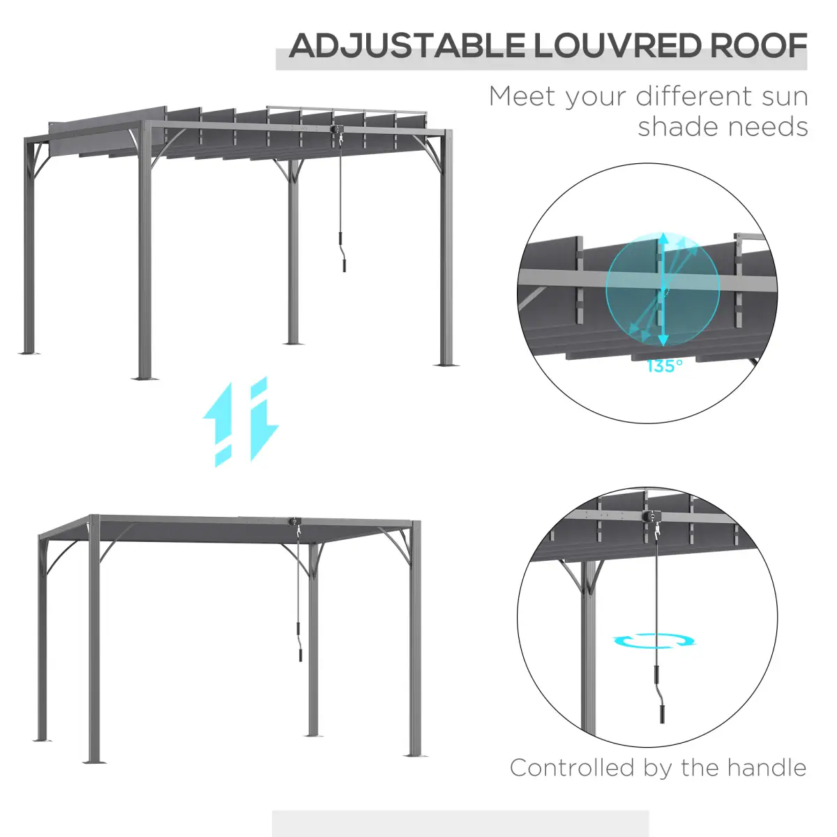 Outsunny Outsunny 3 x 3(m) Outdoor Louvered Metal Pergola with Retractable Roof, Grey - Gazebos