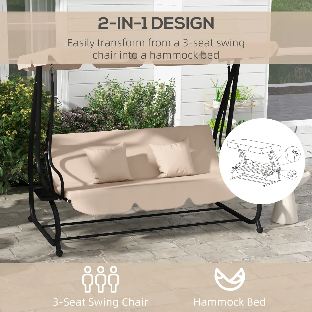 Outsunny Outsunny 2-in-1 Garden Swing Chair for 3 Person w/ Adjustable Canopy Light Brown - Hammocks