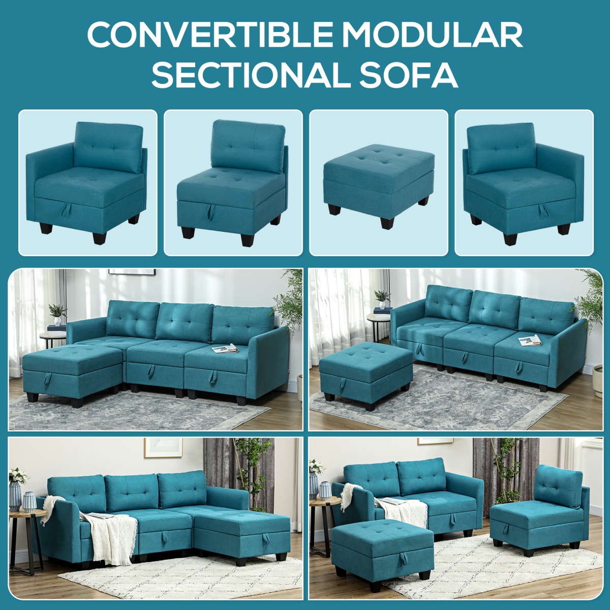 HOMCOM L Shaped Modular Sofa With Storage Light Blue - HOMCOM - Home Symphony