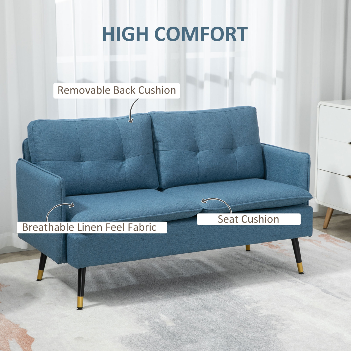 Premium Two Seat Tufted Blue Fabric Sofa For Living Room - HOMCOM - Home Symphony