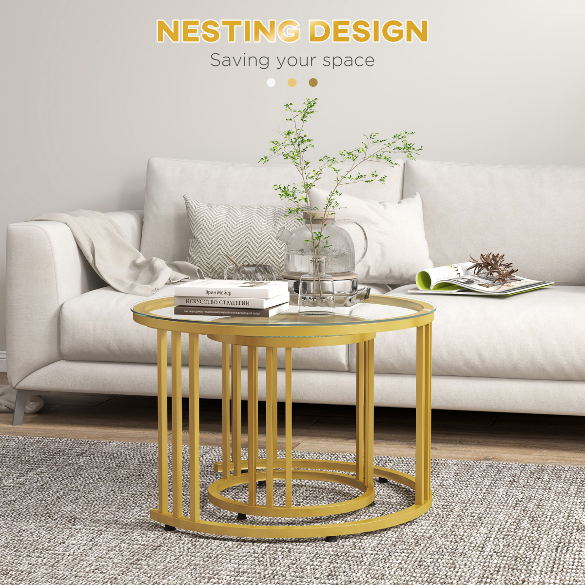 HOMCOM Nesting Coffee Tables Two Piece Set Tempered Glass Tops Gold Art Deco Living Room Decor - HOMCOM - Home Symphony