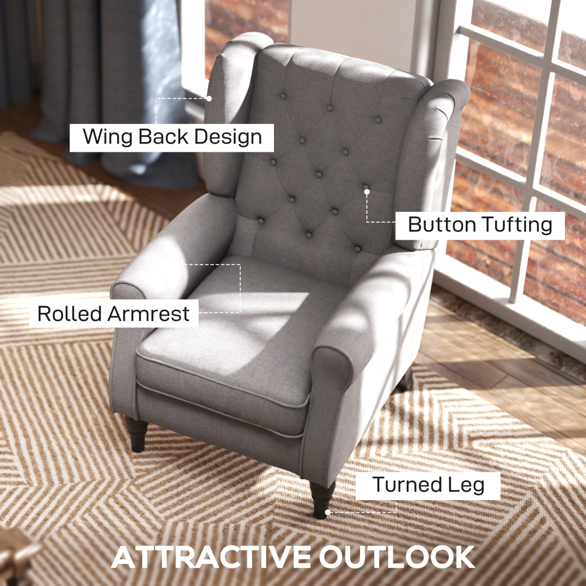Retro wingback accent chair with a medium wood frame for living room, tufted back, rolled arms, turned legs.