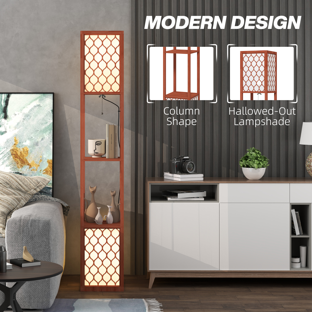 HOMCOM 2-Light Modern Floor Lamp with Shelves for Living Room, Bedroom, Brown, featuring stylish design and functional storage.