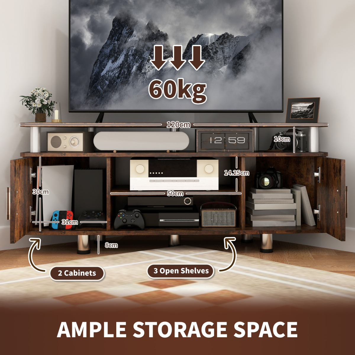 HOMCOM 120cm TV unit in rustic brown with two cupboards and two middle shelves for media components in living room.