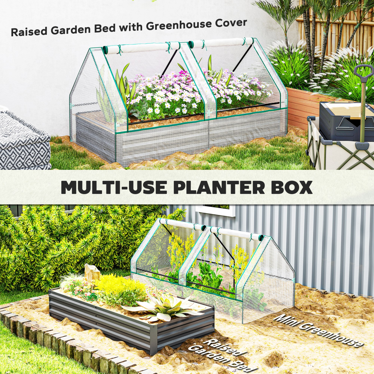 Outsunny Garden Bed Planter Box with Greenhouse Cover on galvanised steel frame, raised two-in-one garden bed.