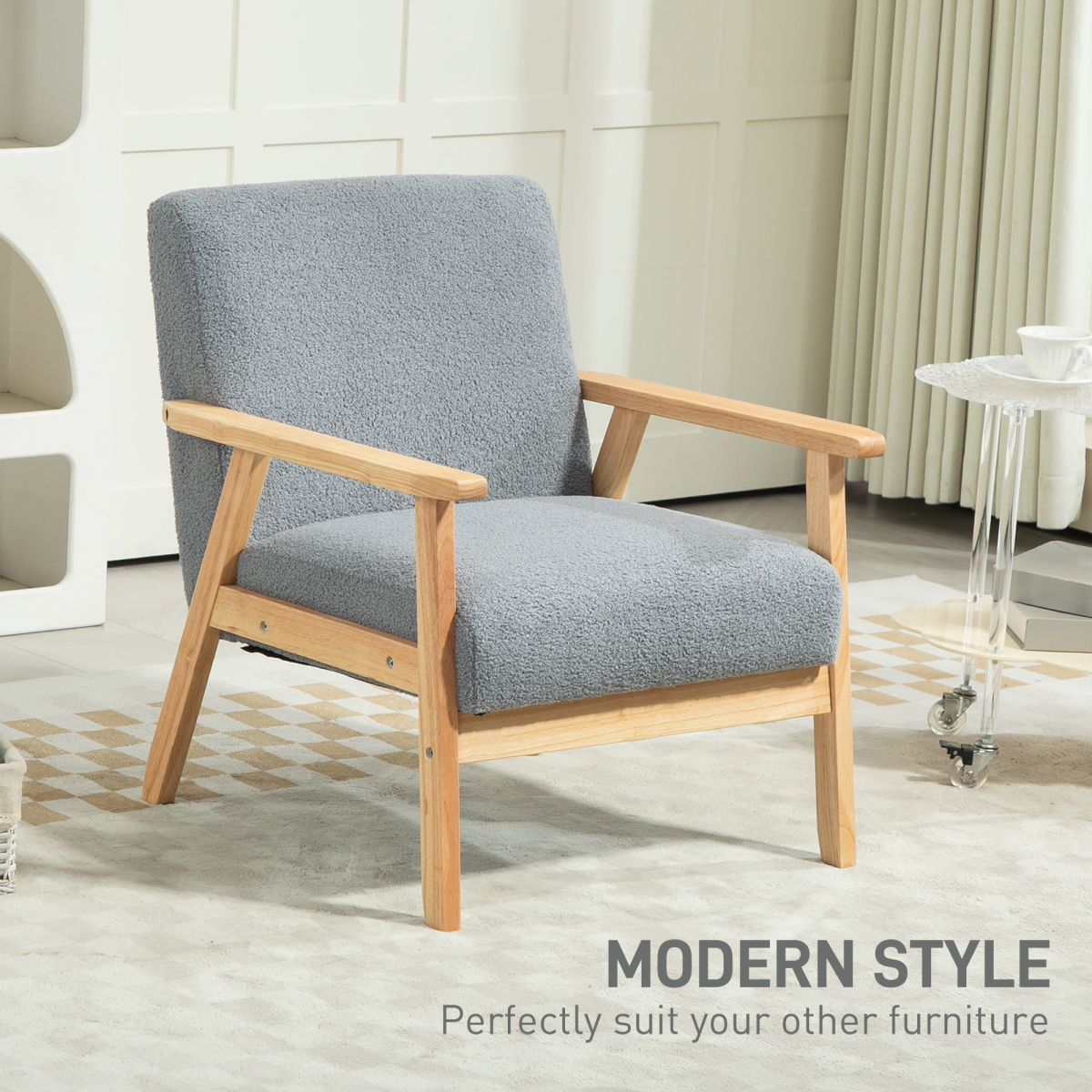 HOMCOM Accent Chair Wide Seat Cashmere Cushion Living Room in grey fabric with wooden frame.