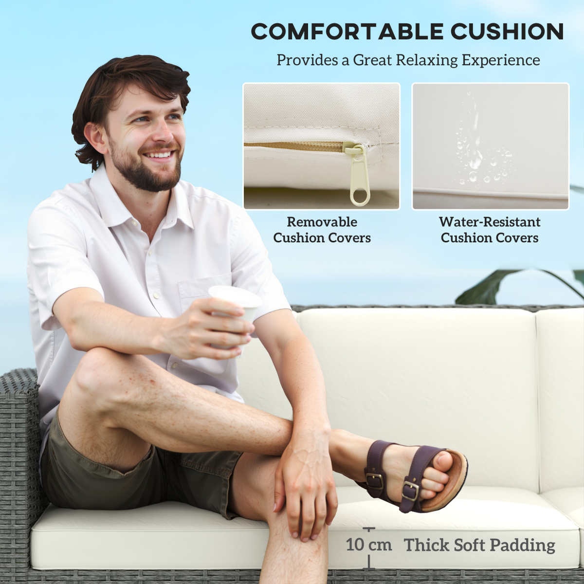 Outsunny Rattan 3 Seat Sofa Cushions 10cm Thick Outdoor - Outsunny - Home Symphony