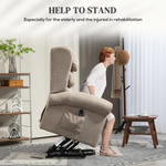 HOMCOM Lift Recliner Chair Oversized Remote for Elderly in beige, user aiding standing with built-in footrest.