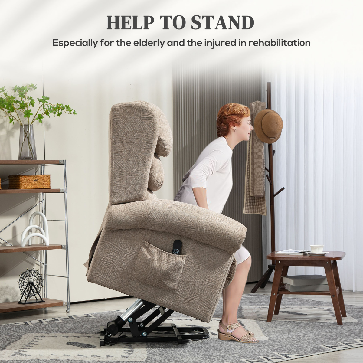 HOMCOM Lift Recliner Chair Oversized Remote for Elderly in beige, user aiding standing with built-in footrest.