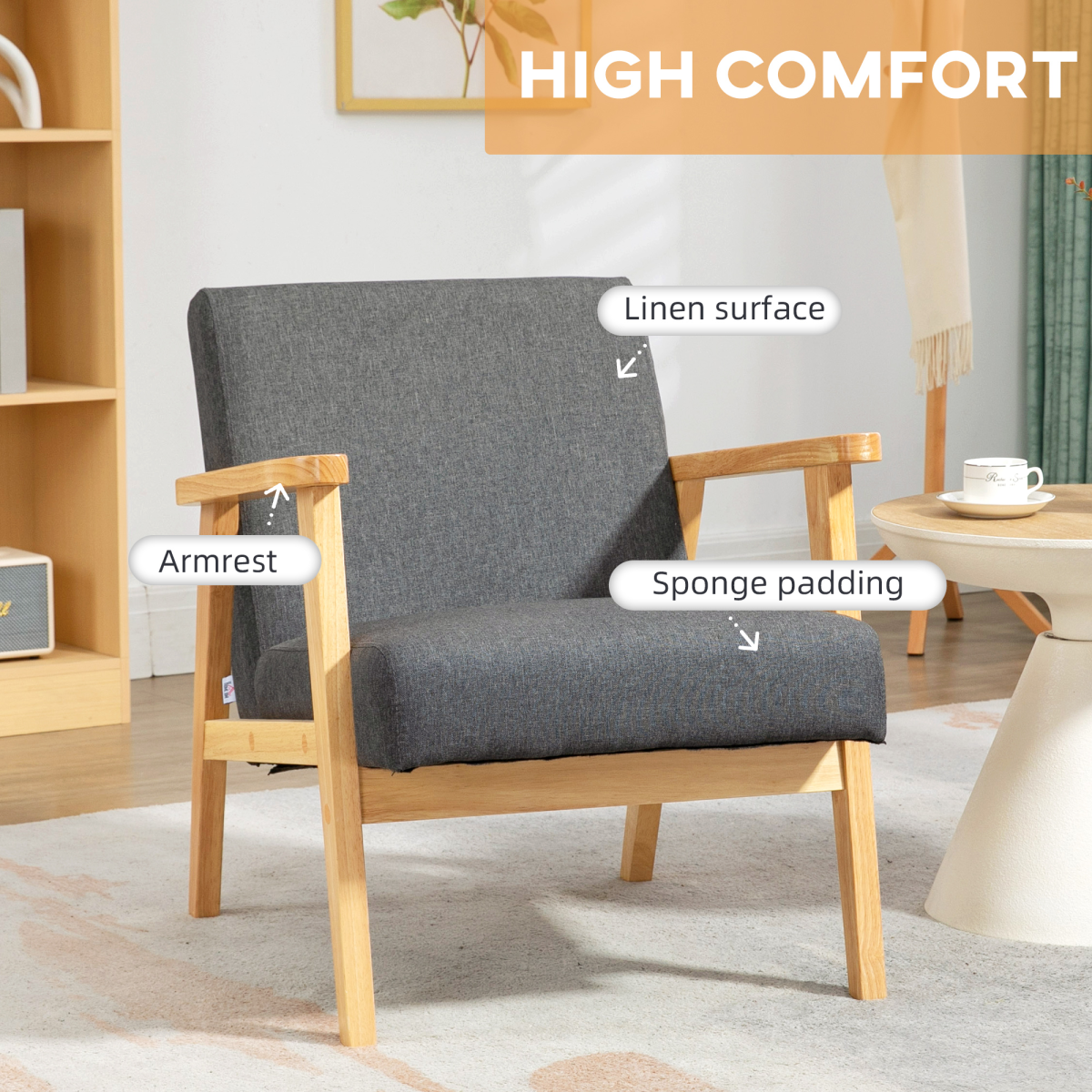 Quality Upholstered Armchair Wide Cushioned For Living Room by HOMCOM in a retro living room with wooden arms.