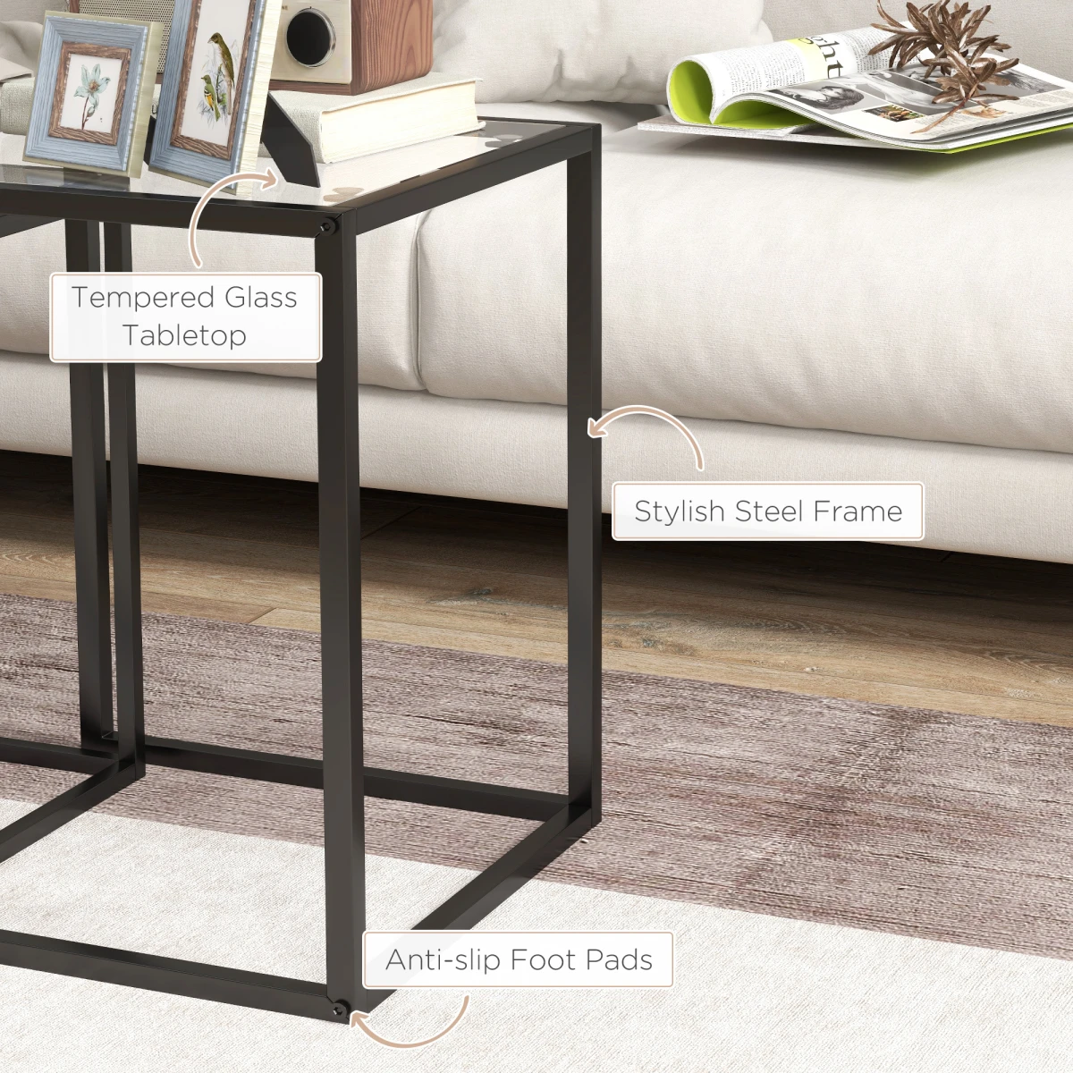 HOMCOM Nesting Tables 2 Tempered Glass Home by HOMCOM