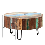 Coastal Drum Coffee Table 24in Dia Reclaimed Wood Hand Finished Durable Rustic Living Room by Indian Hub