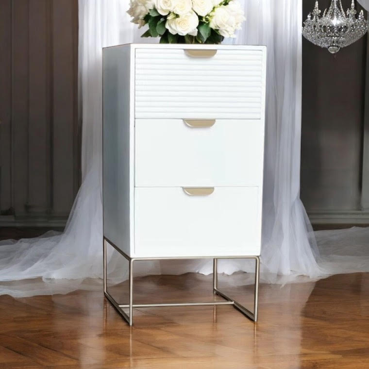 Premium White Wood Bedside Table 64cm Wide Decorative Scalloped Edge Three Drawer For Small Bedrooms - MSL - Home Symphony
