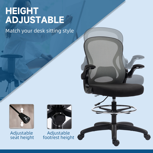 Vinsetto Draughtsman Chair Tall Office Chair w/ Adjustable Footrest, Dark Grey features height adjustability for comfort.
