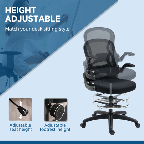 Vinsetto Draughtsman Chair Tall Office Chair w/ Adjustable Footrest Ring Black offers customizable height options for comfort.