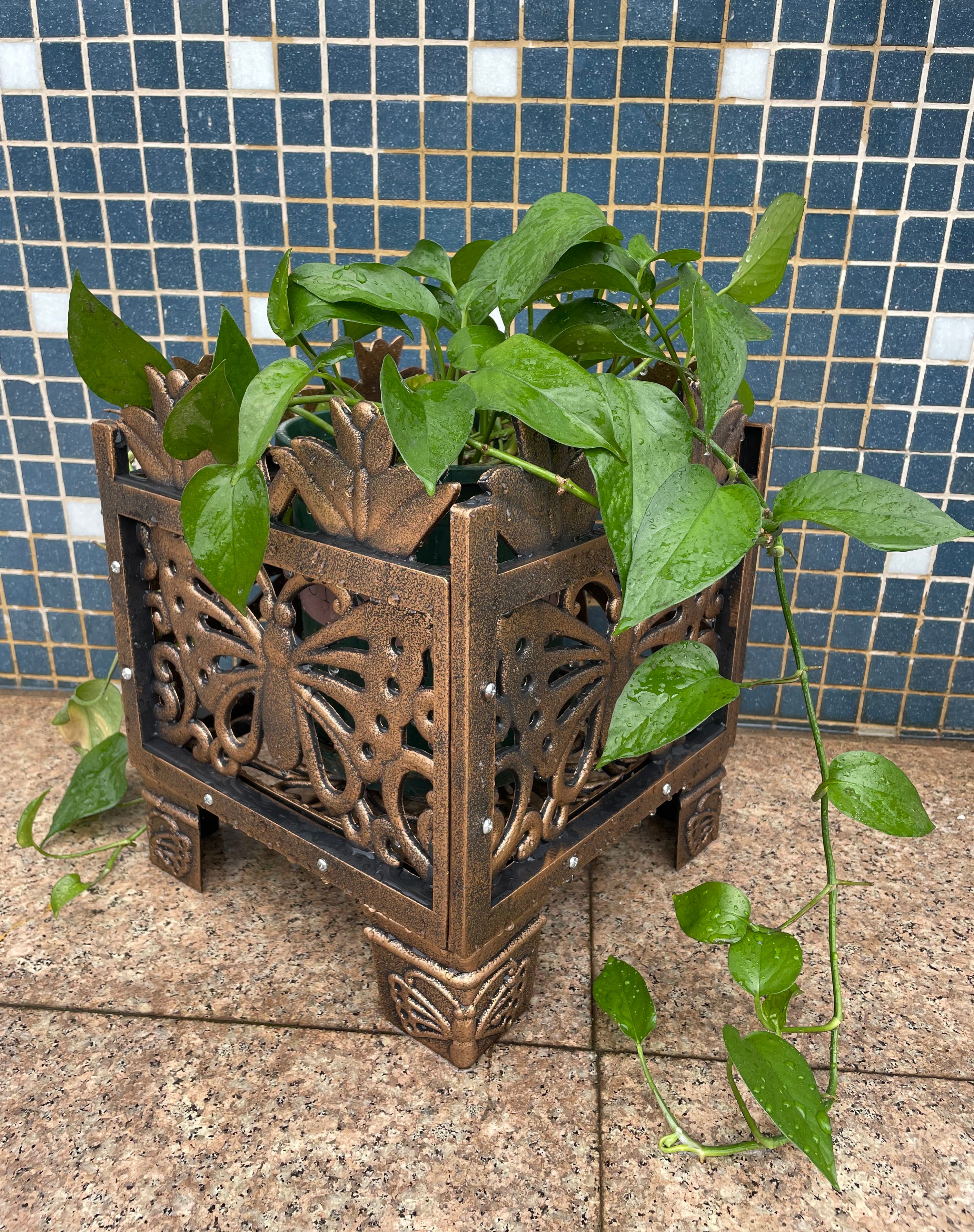 Bronze butterfly planter rack (12x8x9in) holding a plant, decorative metal frame with butterfly panels.