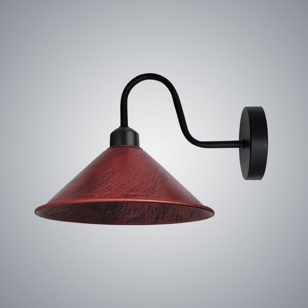 Rustic Red Wall Light Fixture Cone Shade Swan Neck wall lamp with curved black arm.