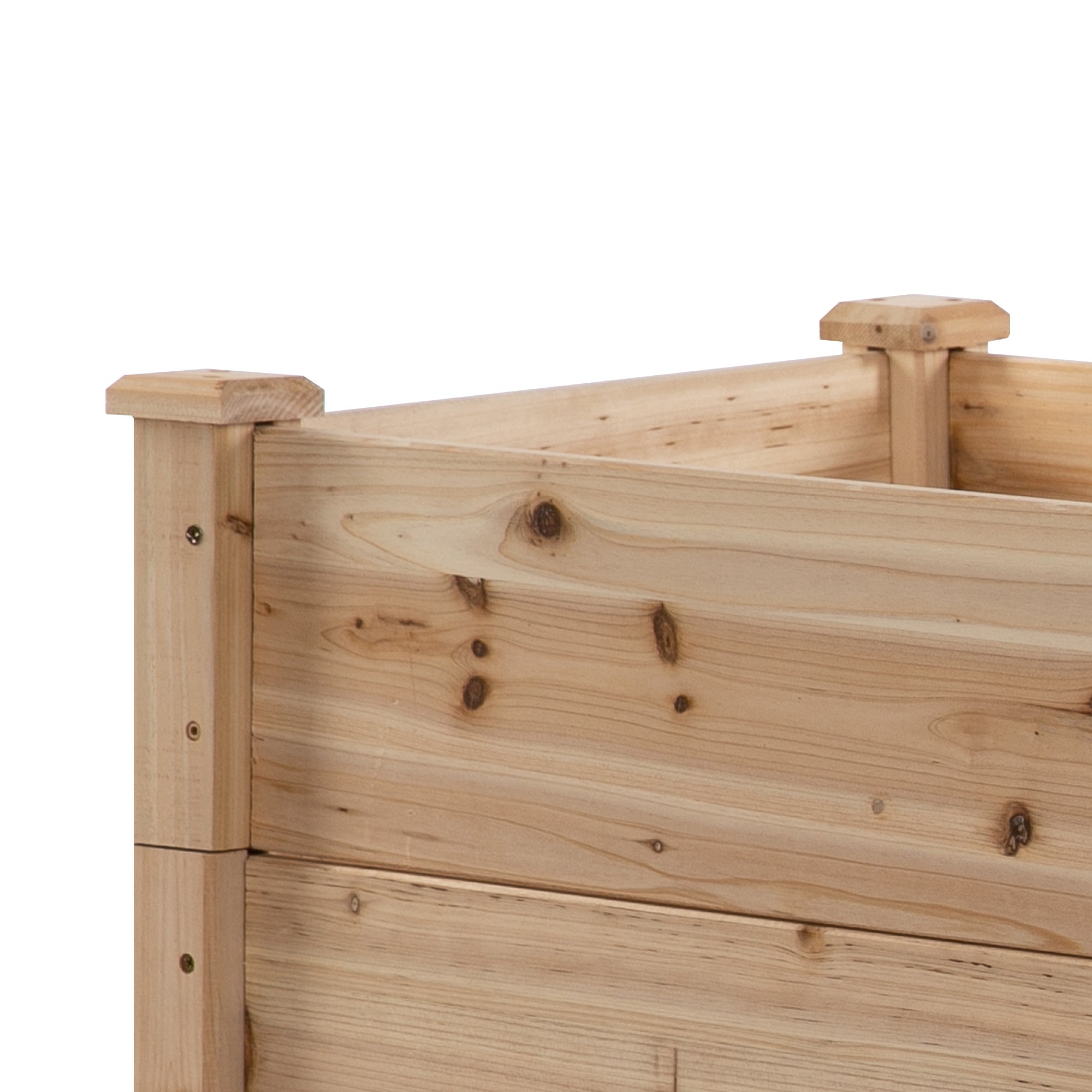 Natural wood 124x124x56cm three-tier raised bed planter corner with cap posts.