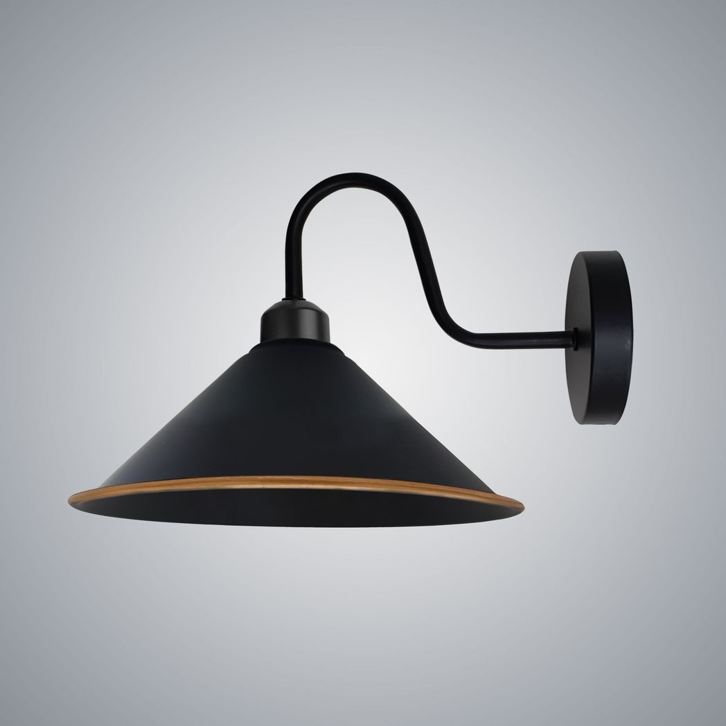 Black Gold Wall Light Medium Swan Neck Cone Shade E27 Home wall sconce with curved neck and cone shade.