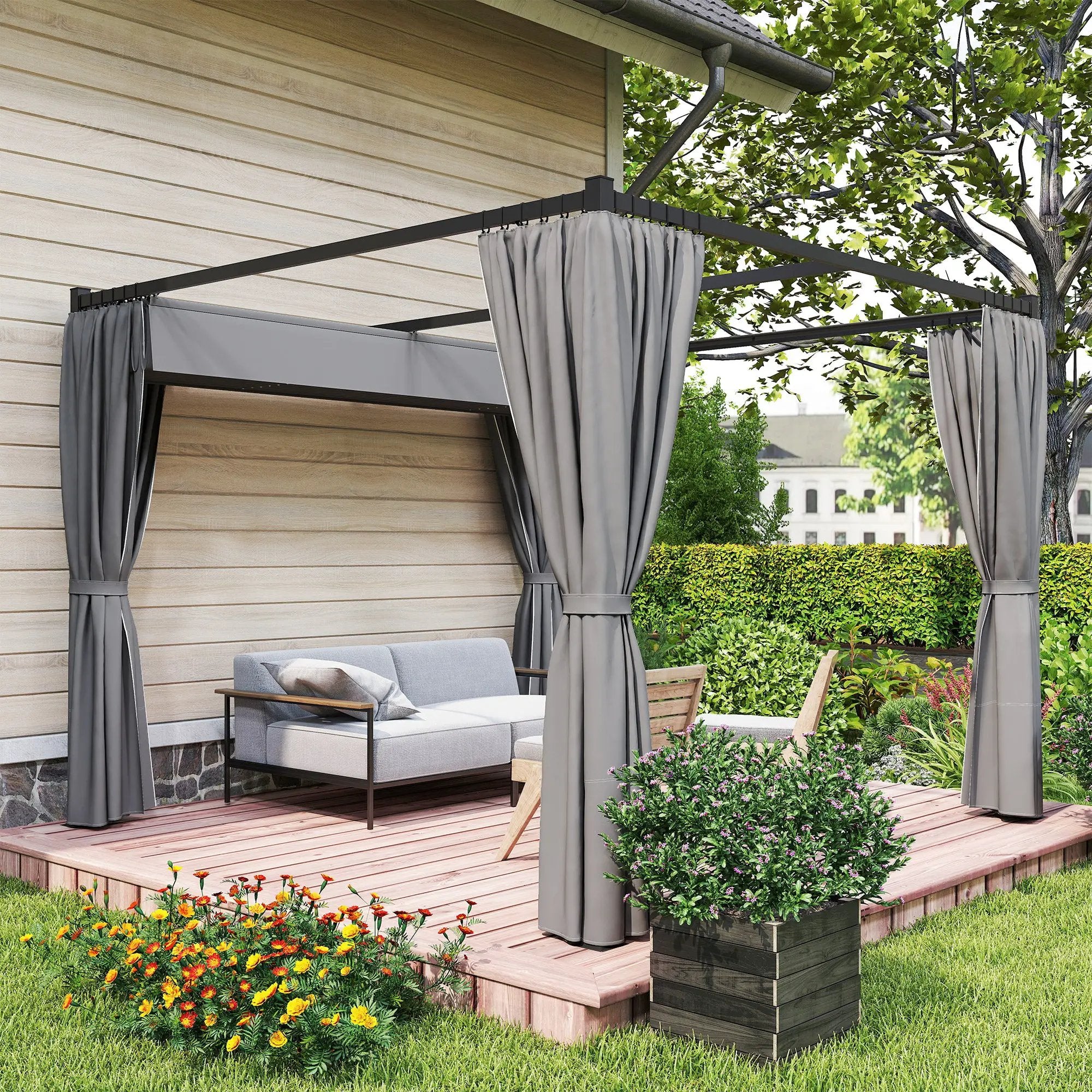 Outsunny Outsunny 3 x 3(m) Pergola with Retractable Roof and Curtains, Light Grey - Gazebos