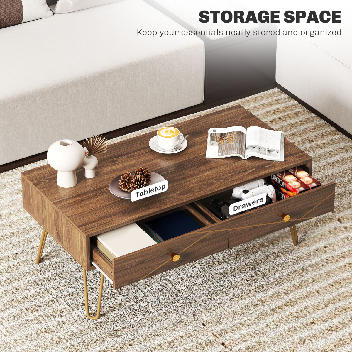 HOMCOM Coffee Table Long Woodgrain Finish With Two Drawers Gold Hairpin Legs Living Room - HOMCOM - Home Symphony