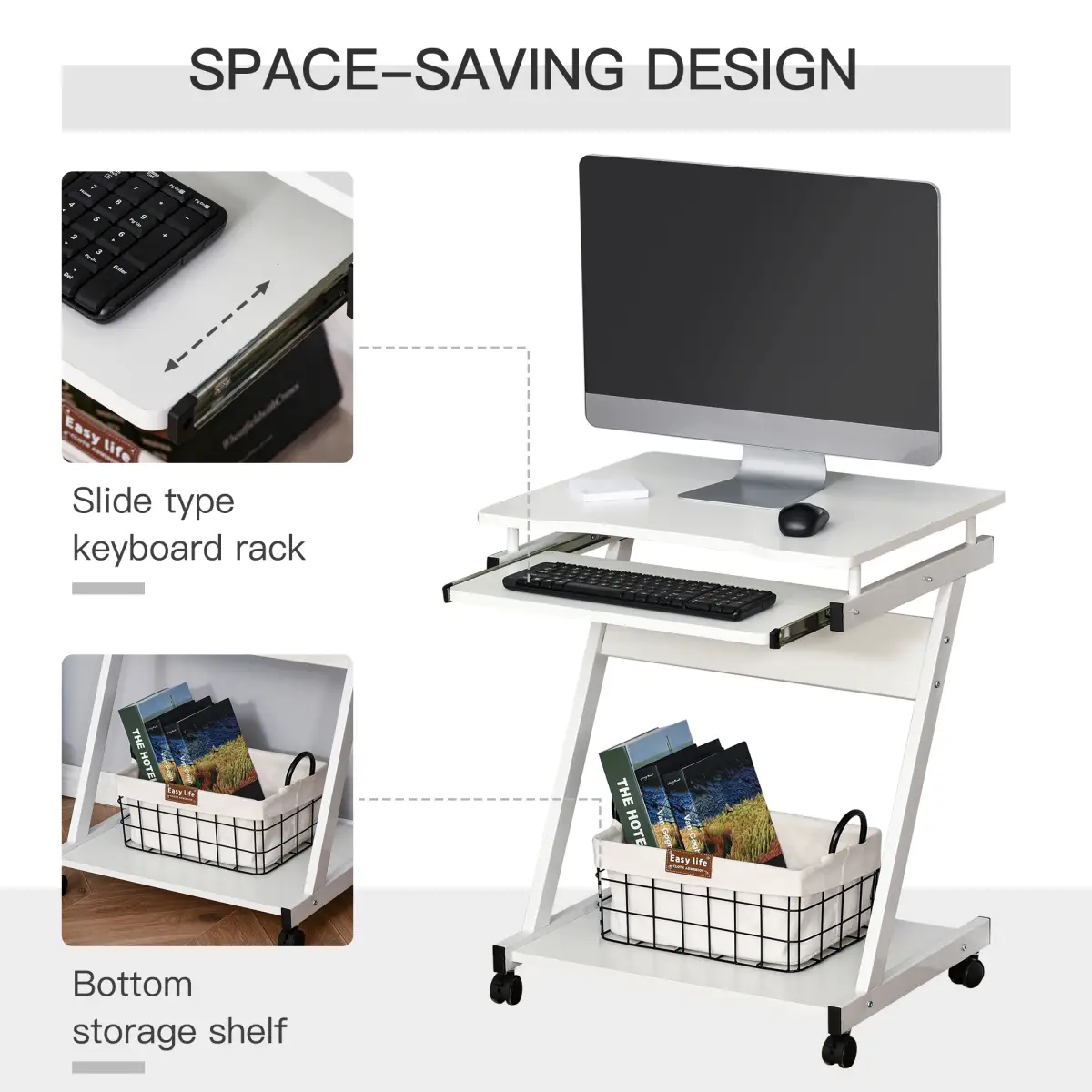 HOMCOM Computer Desk with 4 Moving Wheels Sliding Keyboard Tray White - Desk
