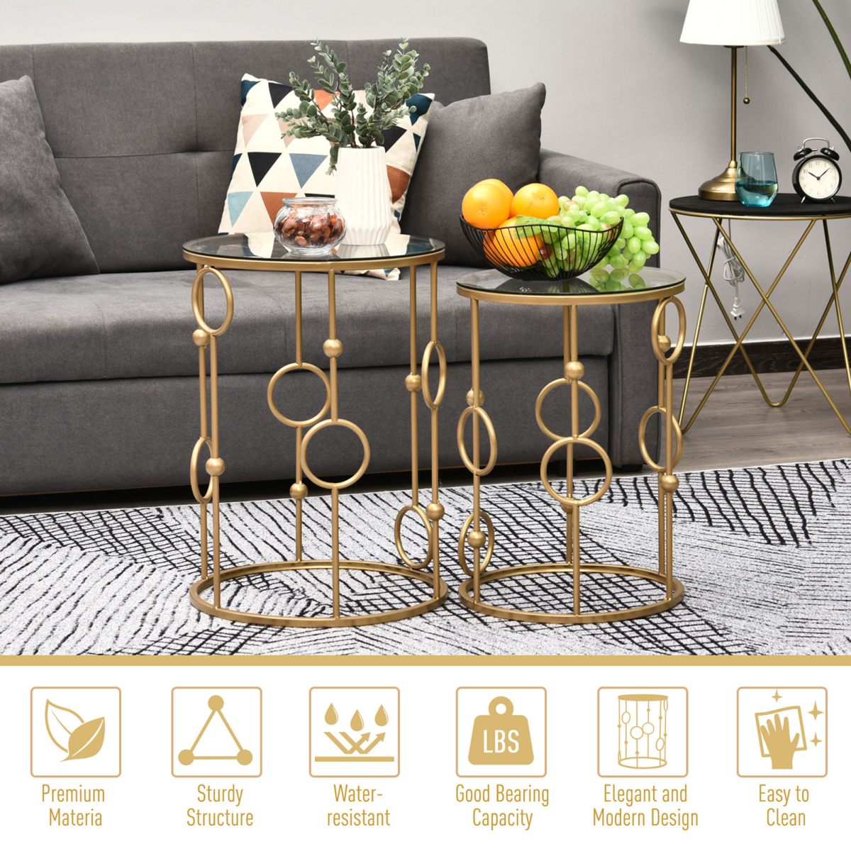 HOMCOM Gold Nesting Coffee Tables Set of Two with Tempered Glass Tops Living Room Decor - HOMCOM - Home Symphony