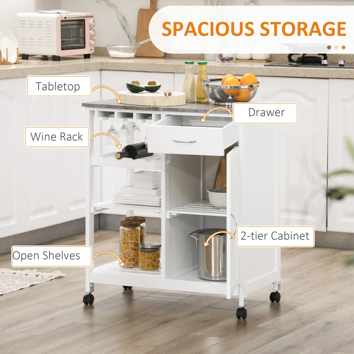 HOMCOM Kitchen Trolley Utility Cart on Wheels with Wine Rack, Drawer, Open Shelf White - Wine Rack