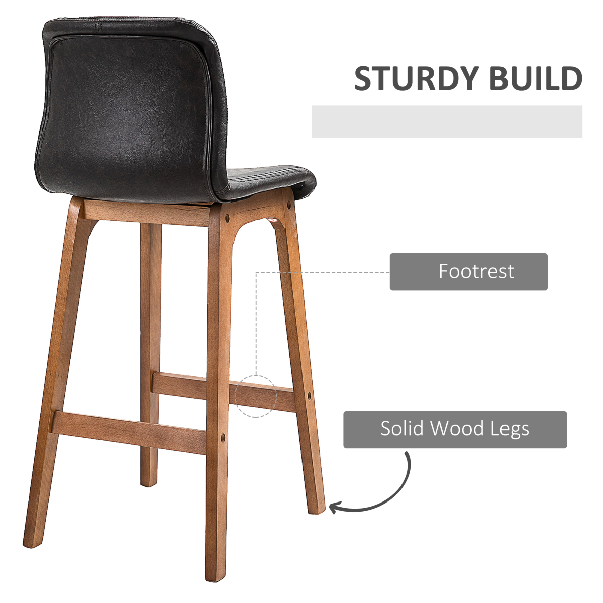 2 Pcs 93cm Faux Leather Bar Stools Wooden Frame Footrest Padding High Back Brown - HOMCOM - Home Symphony