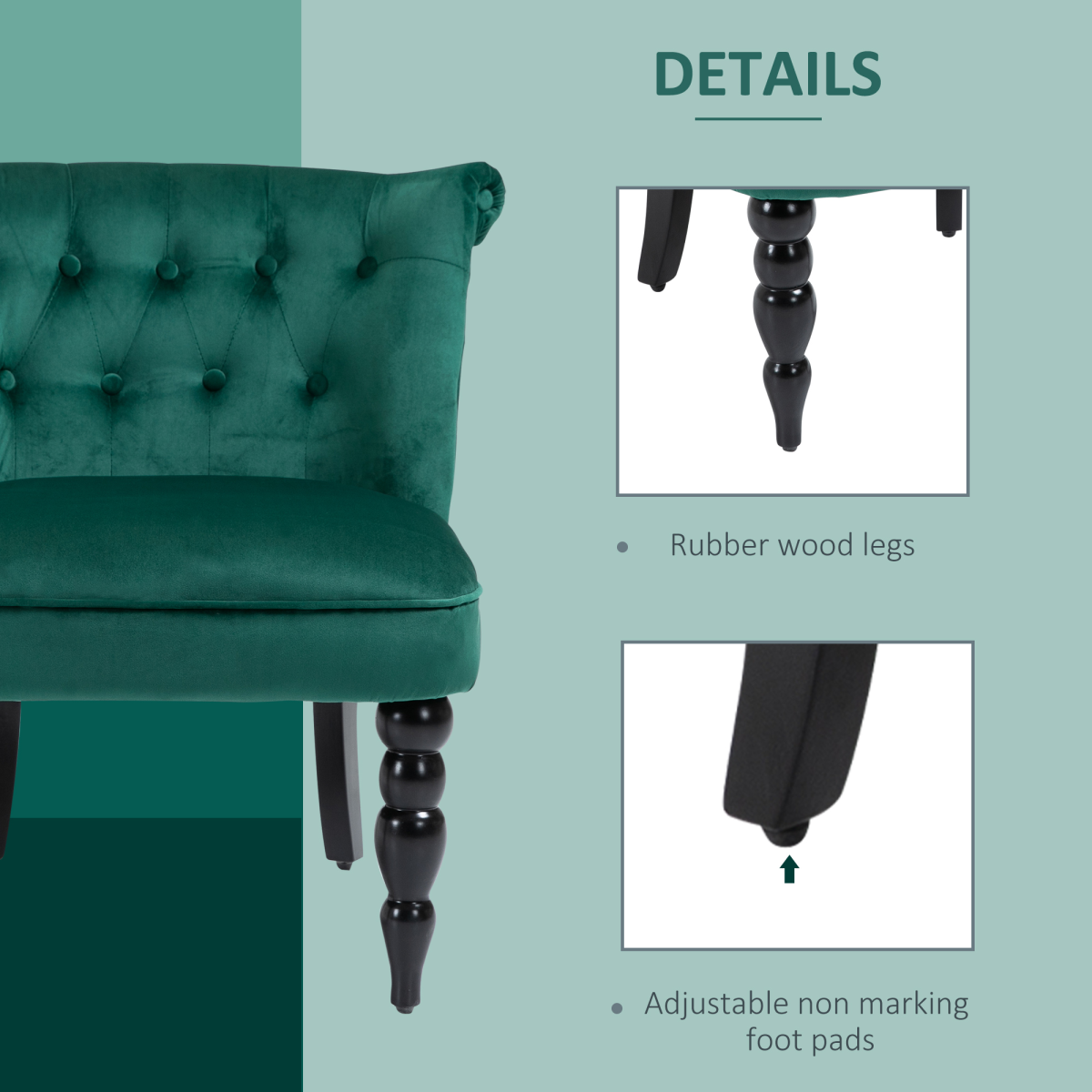 HOMCOM Velvet Wingback Chair Tufted Back Rubber Wood Legs teal velvet accent chair