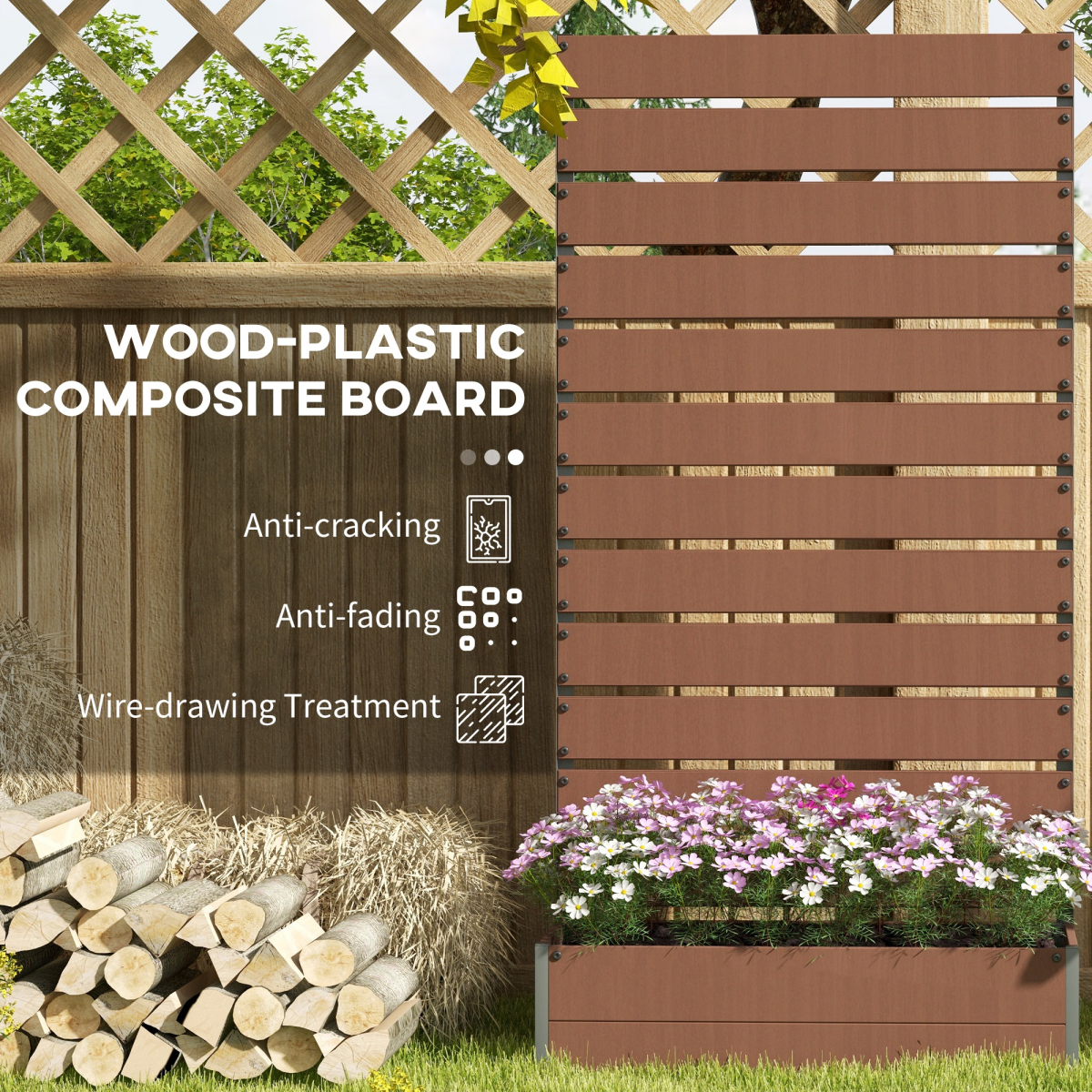Outsunny raised garden bed with trellis for patio, wood-plastic composite panels and a blooming planter.