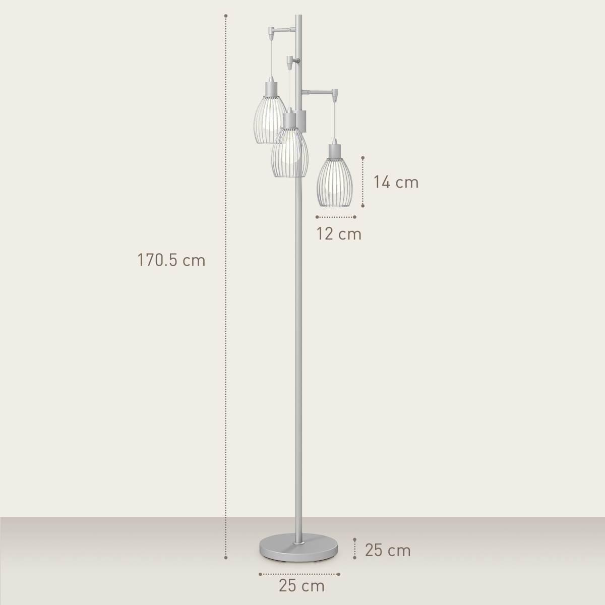 HOMCOM Industrial 3-Light Floor Lamp Dimmable Standing Lamp, Silver Tone features a robust steel frame and adjustable brightness.
