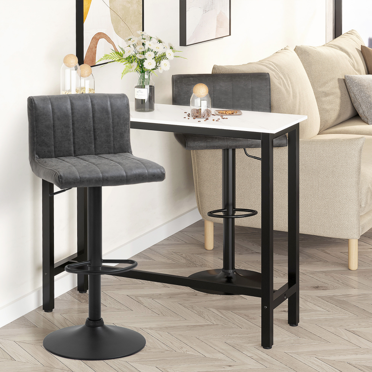 HOMCOM Premium Bar Stools Set Of 2 Adjustable Height With Footrest Grey PU Leather For Home Kitchen - Homcom - Home Symphony
