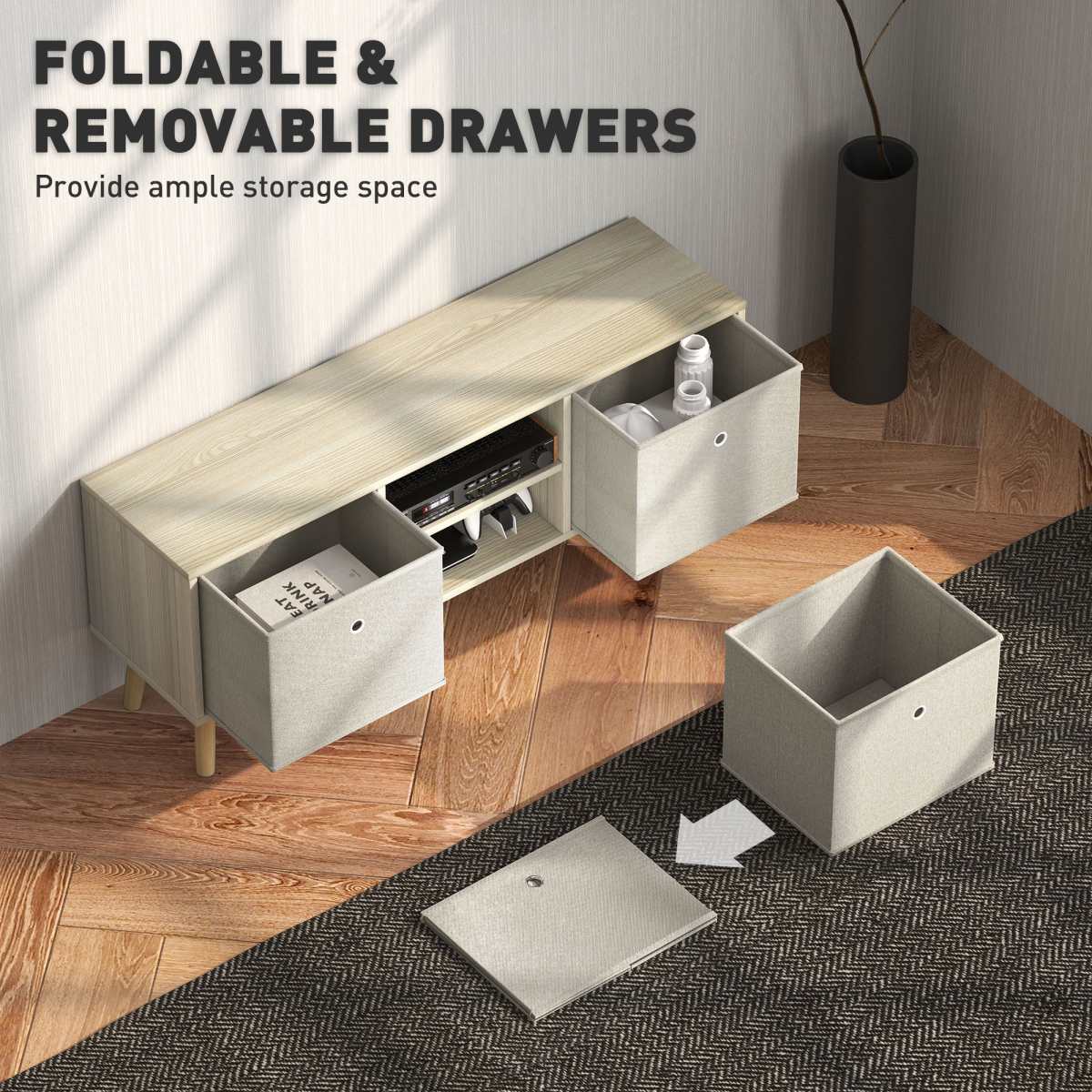 HOMCOM modern TV cabinet in light wood with open shelves and two removable fabric drawers for hidden storage.