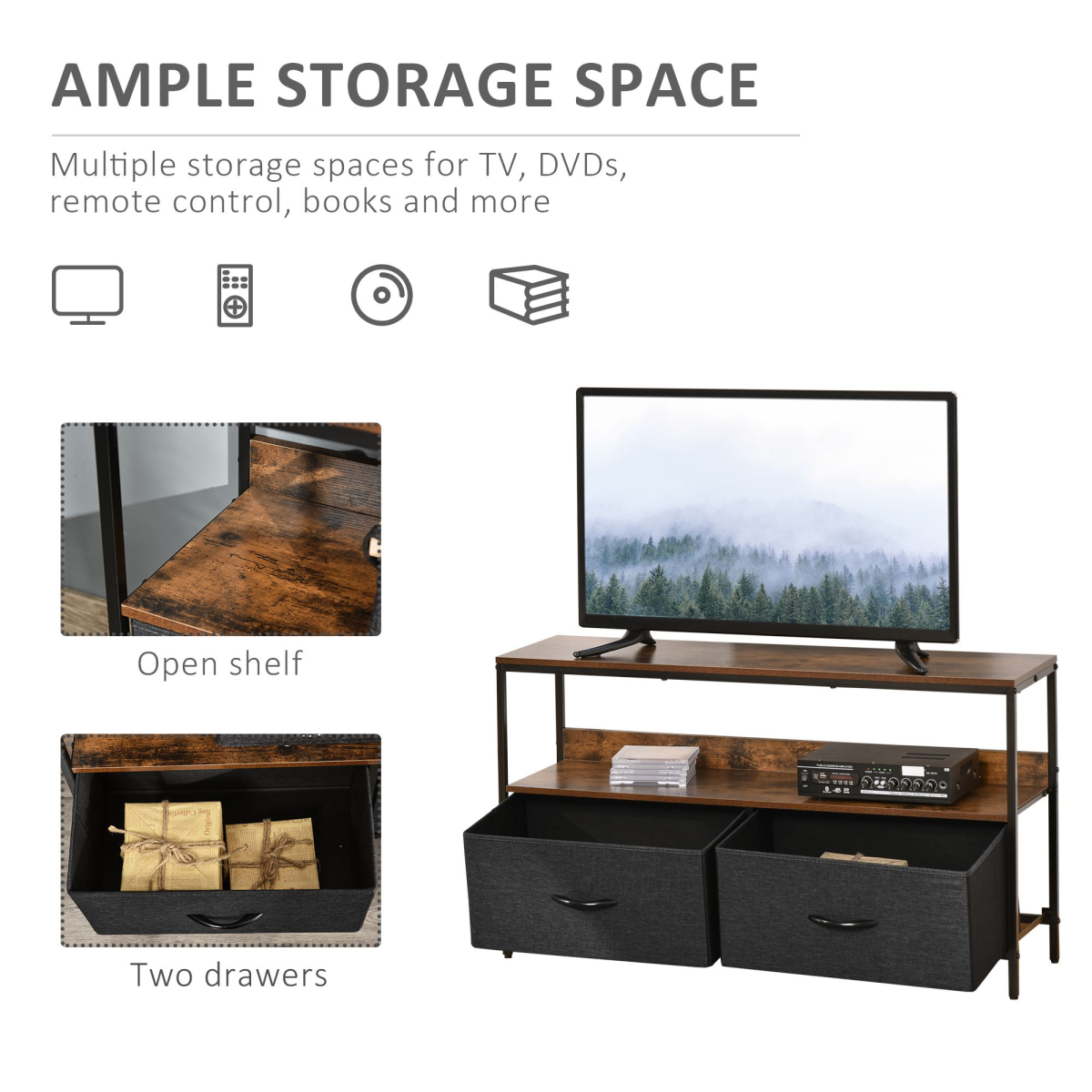 HOMCOM TV Console with wide foldable linen drawers, open shelf, metal frame, and wood-look top.