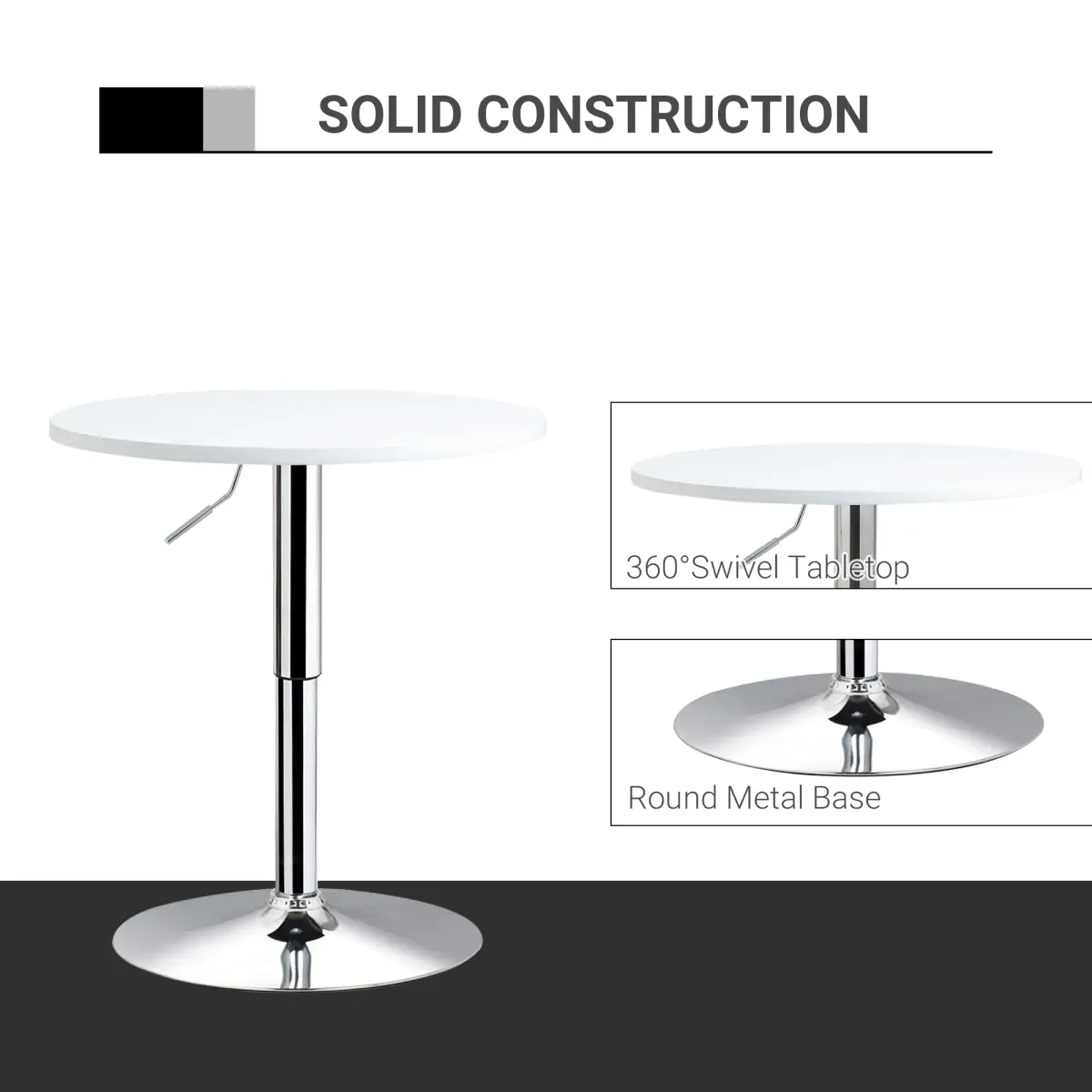 Unbranded 60cm Adjustable Height Round Bar Table w/ Swivel Top Metal Frame White - Dining Table