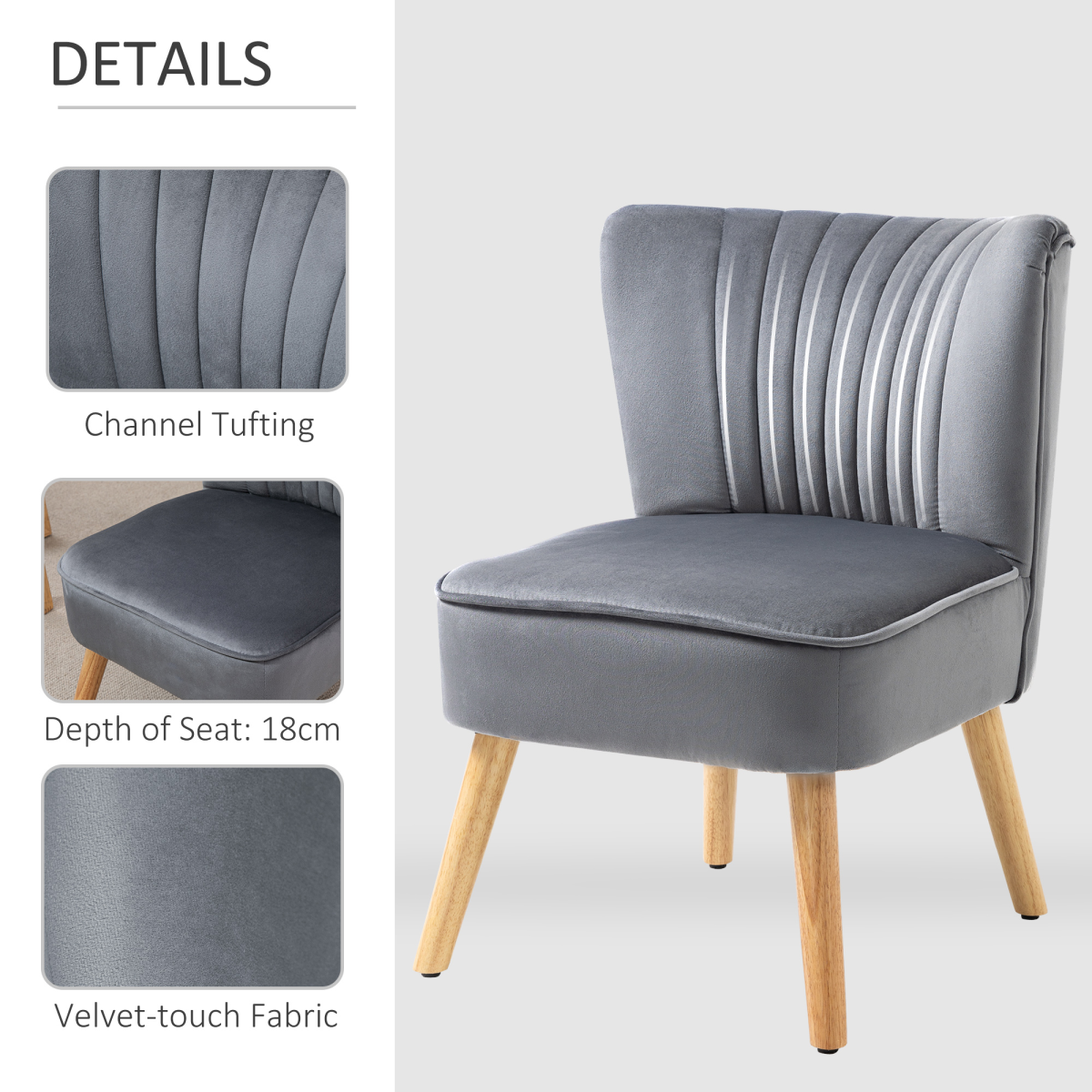 HOMCOM Velvet Accent Tub Chair Soft Upholstery Living Room in grey with channel tufting and wooden legs.