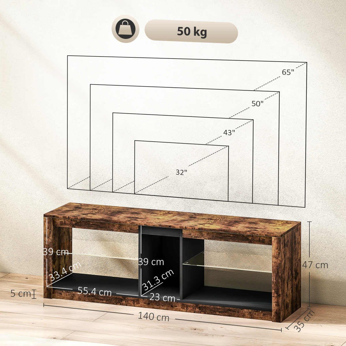 HOMCOM 140cm TV Stand with top LED lights and removable LED light strips, wood finish, storage for up to 65-inch TVs.