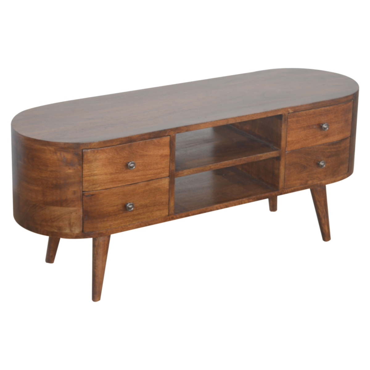 Artisan Entertainment Unit in chestnut mango wood with rounded edges, two drawers per side and center open shelves.