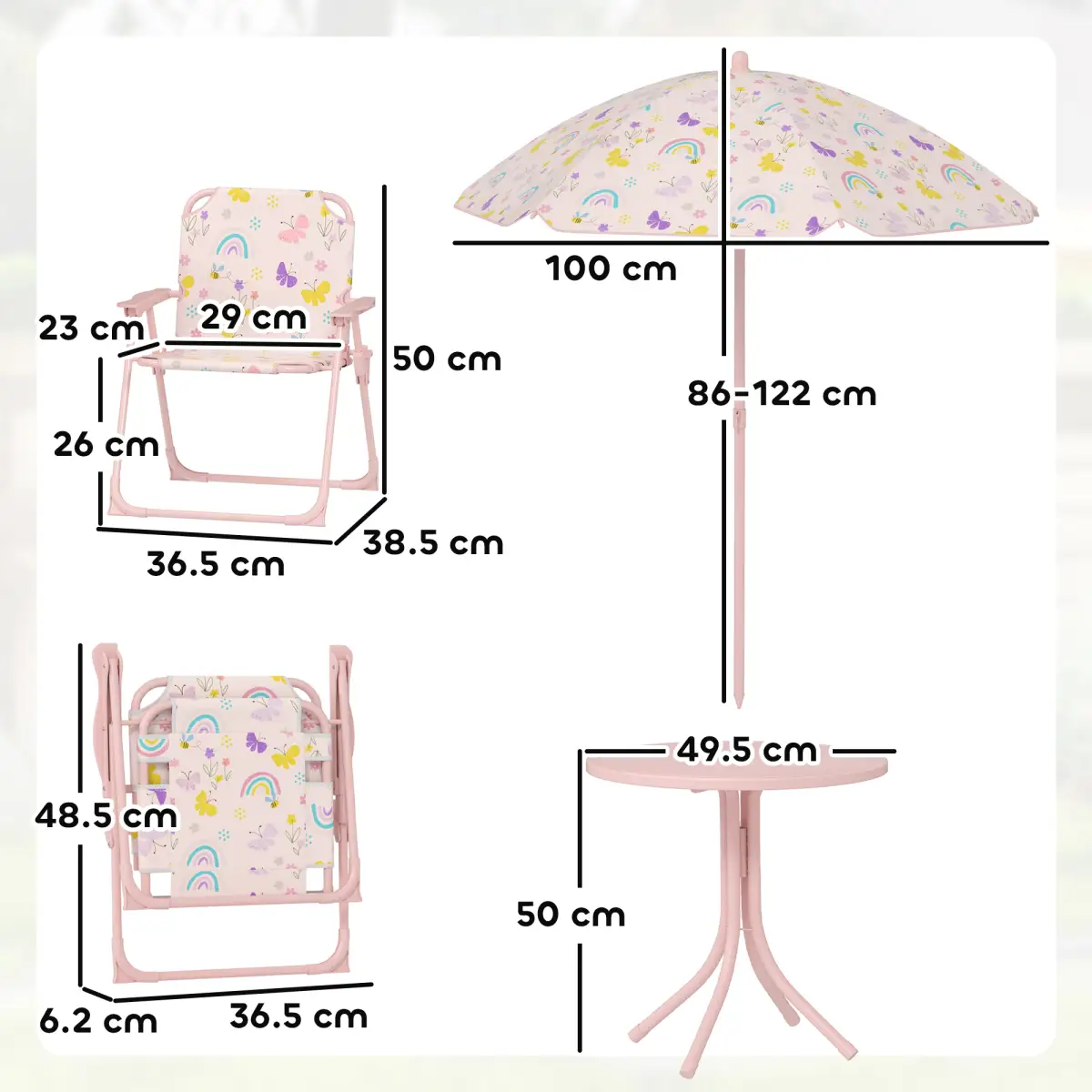 AIYAPLAY AIYAPLAY Kids Garden Table and Chair Set, Outdoor Patio Set w/ Parasol, Pink - Picnic Tables