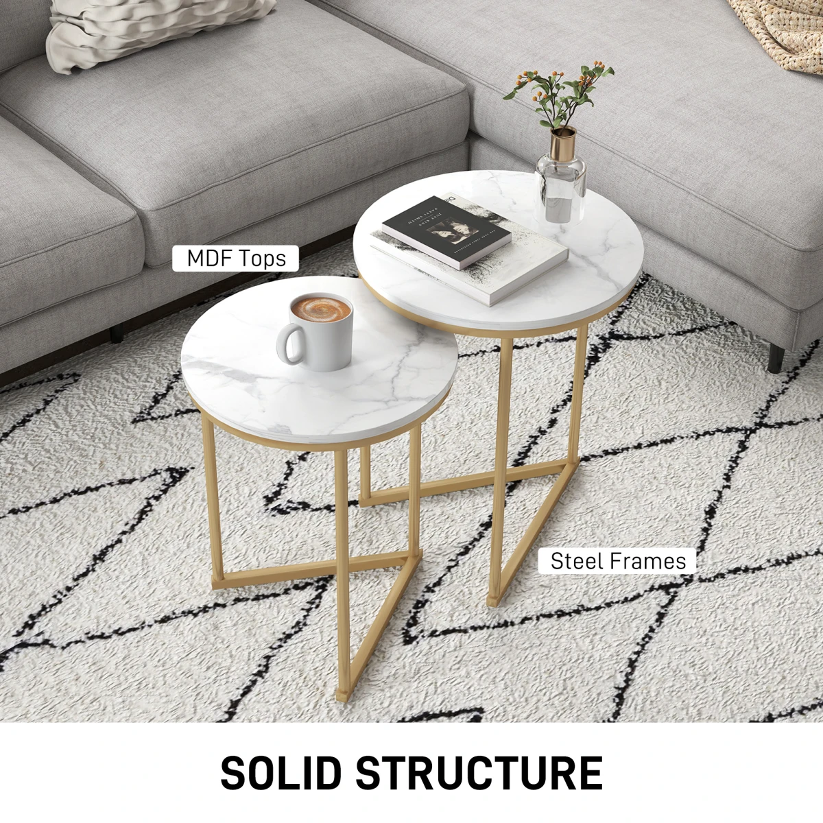 HOMCOM HOMCOM Nesting Coffee Tables Set of 2 With Marble Look Tops and Gold Frames for Modern Living Room - Coffee Table