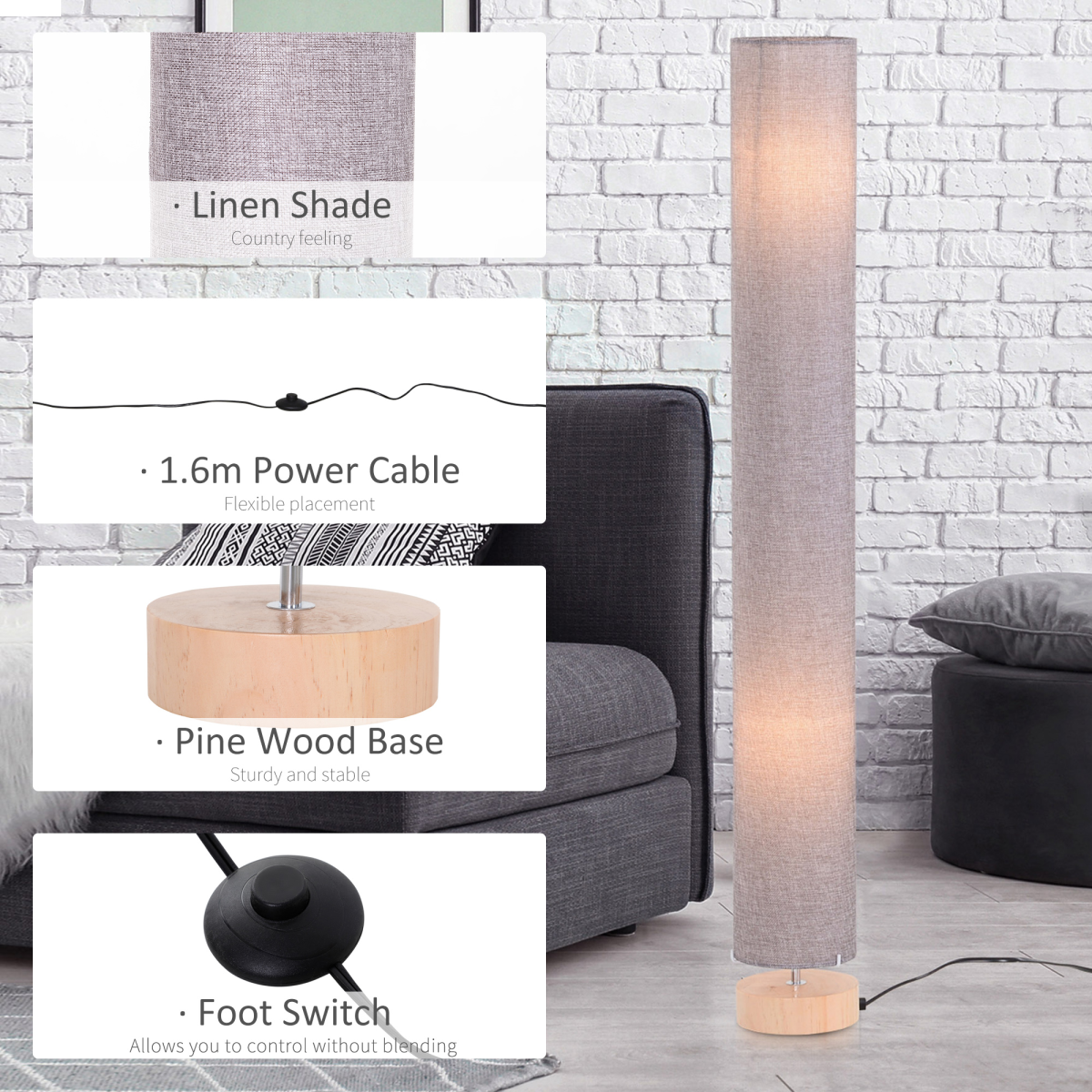 Stylish 120H cm Wooden Base Floor Lamp W/Linen Fabric-Grey offers warm lighting and a contemporary design for any decor.