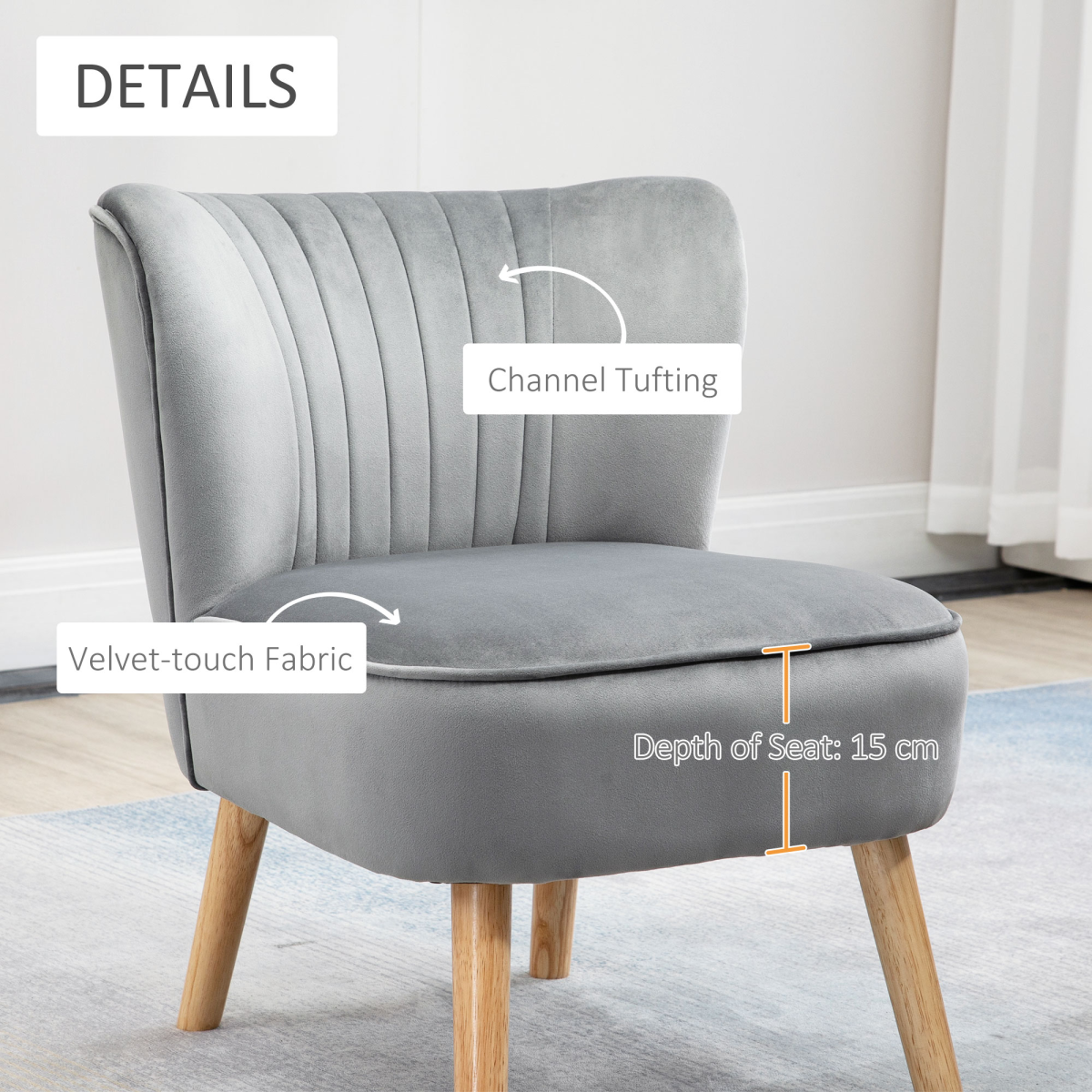 Home Symphony Velvet Feel Accent Chair Ottoman TubSeat Padding Wood Legs with channel tufting in grey velvet